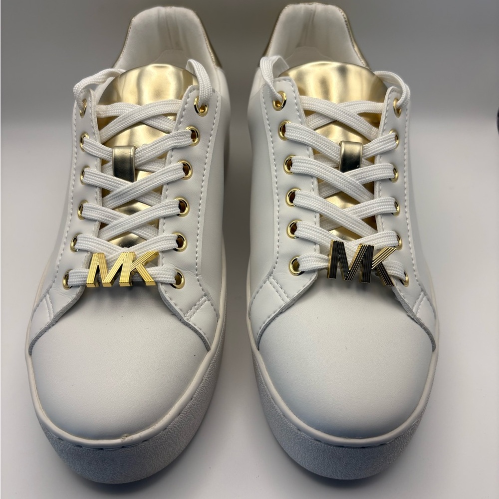Michael Kors Poppy LaceUp Faux Leather White Sneakers w/ Gold Eyelets & MK Logo